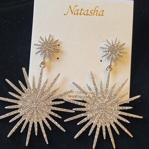 Natasha Couture Silver Crystal Starburst Drop Earrings TL